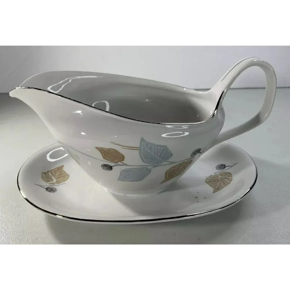 Bavaria Germany‎ Fine China Mid-Century Blue Brown Leaf Gravy Boat Silver Edging